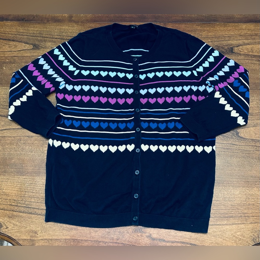 Talbots Navy Blue Rainbow Hearts Cardigan Sweater Sz M